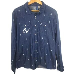 H&M Divided Denim Paisley Button-Down Shirt. Pearl Snaps. Women's XL. F0079